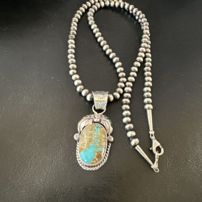 Navajo Blue Boulder Turquoise Necklace Pendant | Sterling Silver | Authentic Native American Handmade | 16139