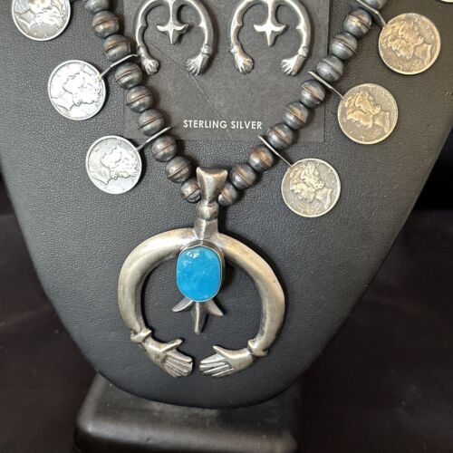 Navajo Kingman Turquoise Naja Pendant Necklace | Sterling Silver | Authentic Native American Handmade | 15158