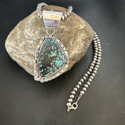 Men's Spiderweb Turquoise Pendant Necklace | Navajo Pearls | Sterling Silver | Native American Handmade | 17066