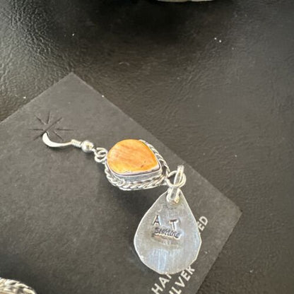 Navajo Orange Spiny Oyster Dangle Earrings | Sterling Silver | 1.5" | Authentic Native American Handmade | 16563