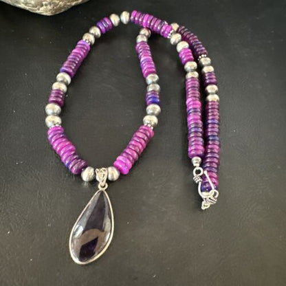 Navajo Pearls Purple Sugilite Pendant Necklace | Sterling Silver Beads | Authentic Native American Handmade | 15373