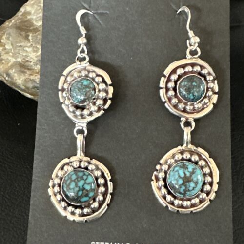 Navajo Blue Spiderweb Turquoise Dangle Earrings | Sterling Silver | Authentic Native American Handmade | 16010