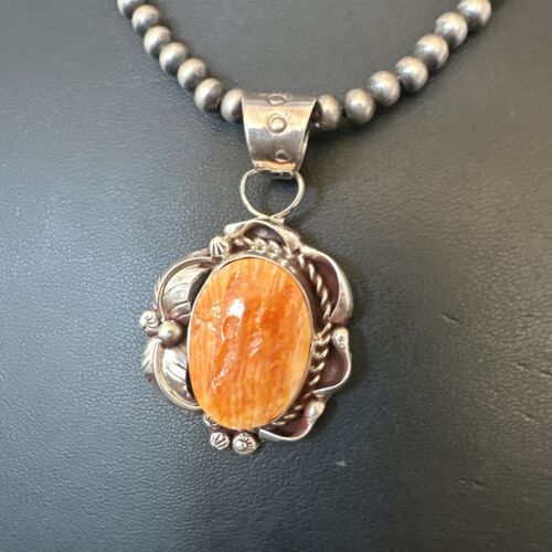 Navajo Orange Spiny Oyster Pendant Necklace | Sterling Silver Pearls | Authentic Native American Handmade | 16558