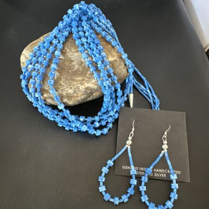 Navajo Blue Denim Lapis Necklace Earrings Set | 5-Strand Sterling Silver | Authentic Native American Handmade | 15772