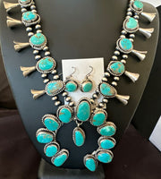 Kingman Turquoise Navajo Squash Blossom Necklace & Earrings | Sterling Silver | Native American Handmade | 16538