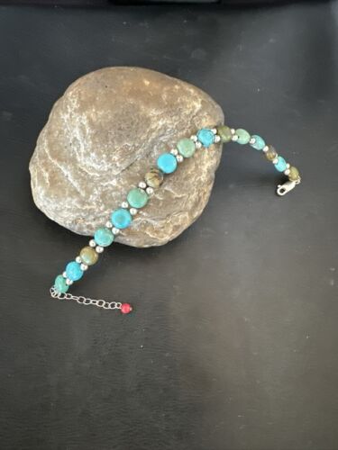 Women's Blue Turquoise Bead Bracelet | Southwestern Sterling Silver Link | 8" | 17237