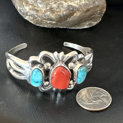 Kingman Turquoise Coral Cuff Bracelet | Navajo Tufa Cast | Sterling Silver | Authentic Native American Handmade | 16406
