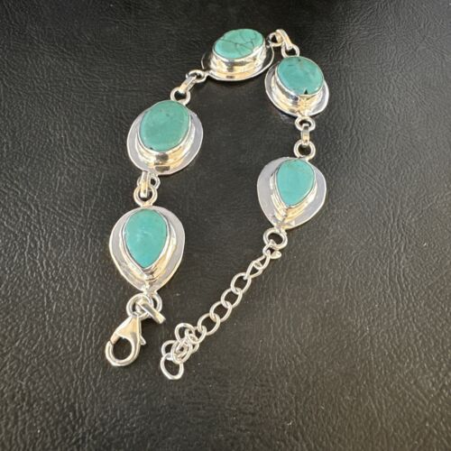 Navajo Blue Turquoise Link Bracelet | Sterling Silver | 8" | Authentic Native American Handmade | 15478