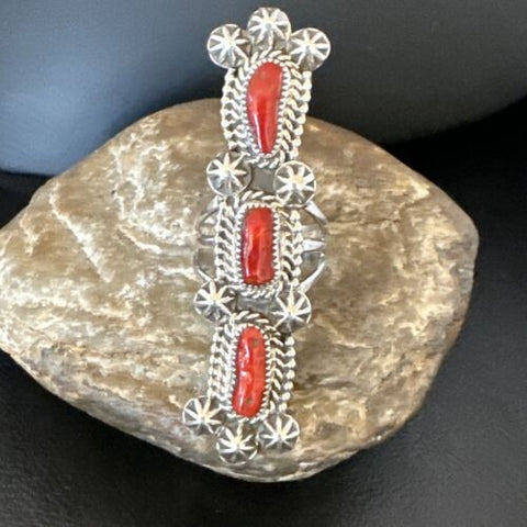 Navajo Sterling Silver Cluster Red Coral Ring Size 11.5 16329