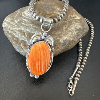 Navajo Orange Spiny Oyster Pendant Necklace | Sterling Silver | Authentic Native American Handmade | 15627