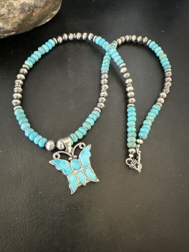 Navajo Butterfly Blue Ridge Turquoise Inlay Pendant | Sterling Silver Necklace | Authentic Native American Handmade | 17059