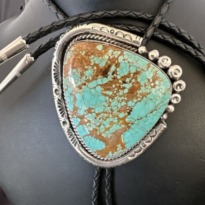 XL Men's Blue Turquoise #8 Bolo Tie | Navajo Sterling Silver | Authentic Native American Handmade | 17005