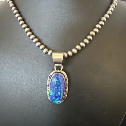 Men's Women's Blue Fire Opal Navajo Pendant | Sterling Silver | Authentic Native American Handmade | 16482