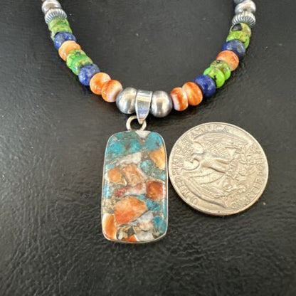 Navajo Spiny Oyster Turquoise Lapis Pendant Necklace | Sterling Silver | 21" | Authentic Native American Handmade | 16630