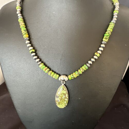 Navajo Green Turquoise Pendant Necklace | Sterling Silver Pearls | Authentic Native American Handmade | 16234