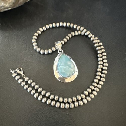 Navajo Blue Larimar Pendant Necklace | Sterling Silver Beads | Authentic Native American Handmade | 17630
