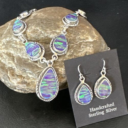 Navajo Purple Opal Lariat Necklace Set | Sterling Silver Pendant & Earrings | Authentic Native American Handmade | 16258 - Masha USA