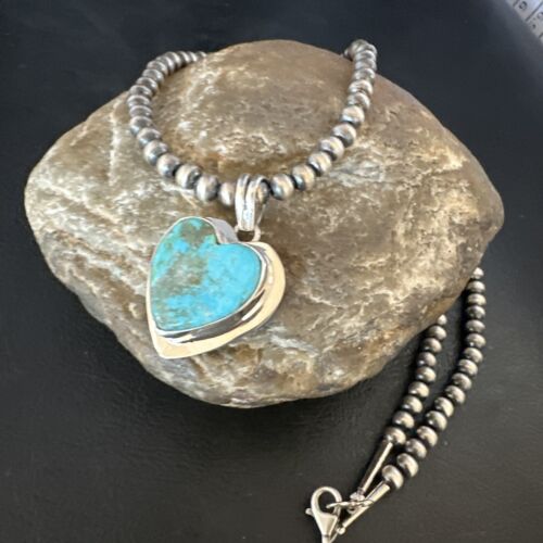 Navajo Heart Blue #8 Turquoise Pendant Necklace | Sterling Silver | Authentic Native American Handmade | 14976