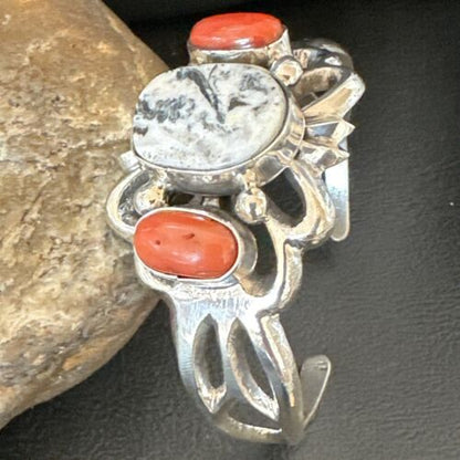 White Buffalo Turquoise Coral Navajo Tufa Cuff Bracelet | Sterling Silver | Authentic Native American Handmade | 16408