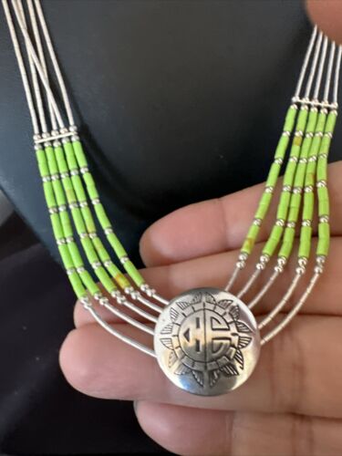 Navajo Green Gaspeite Heishi Concha Necklace | 5 Strand Liquid Sterling Silver | 20" | 15872