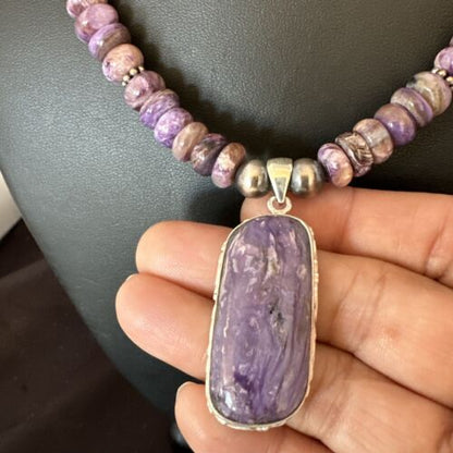 Navajo Purple Charoite Pendant with Pearls | Sterling Silver Necklace | Authentic Native American Handmade | 16338