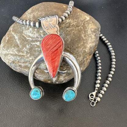 Navajo Blue Turquoise Red Spiny Oyster Naja Pendant | Sterling Silver | Authentic Native American Handmade | 16409