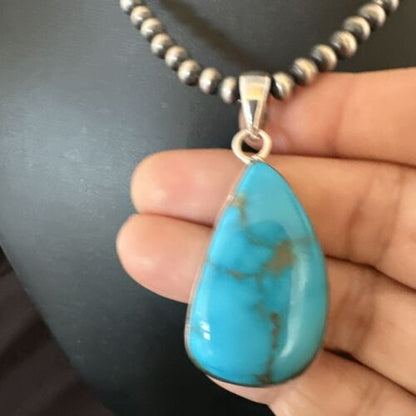 Navajo Blue Kingman Turquoise Pendant with Pearls | Sterling Silver Necklace | 20" | 16702