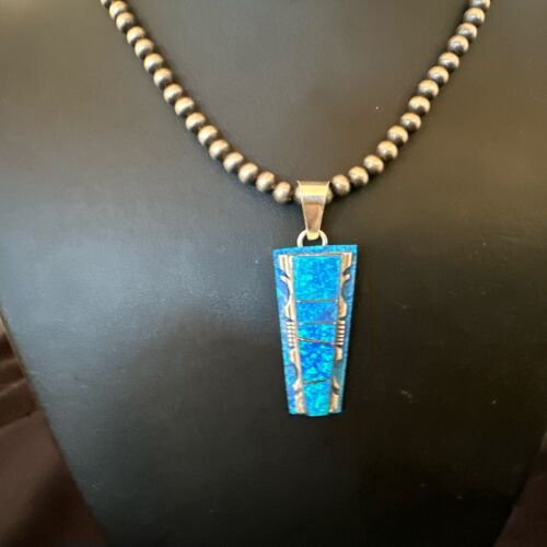 Navajo Blue Opal Inlay Pendant | Sterling Silver Necklace with Pearls | Authentic Native American Handmade | 16905