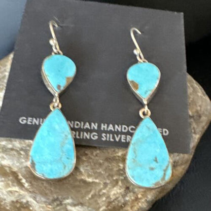 Navajo Blue Kingman Turquoise Dangle Earrings | Sterling Silver | Authentic Native American Handmade | 15119