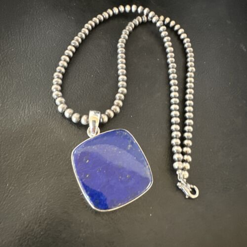 Navajo Blue Lapis Pendant with Pearls | Sterling Silver Necklace | 20" | Authentic Native American Handmade | 16665