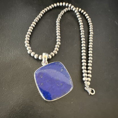 Navajo Blue Lapis Pendant with Pearls | Sterling Silver Necklace | 20" | Authentic Native American Handmade | 16665