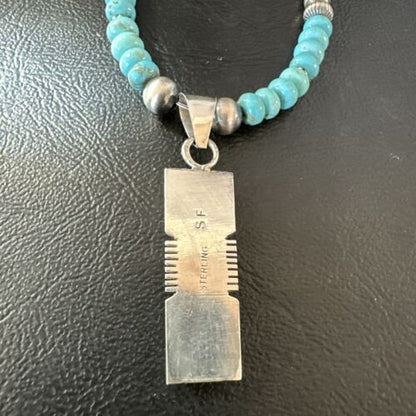 Turquoise #8 Inlay Pendant Necklace | Navajo Sterling Silver | Authentic Native American Handmade | 17121
