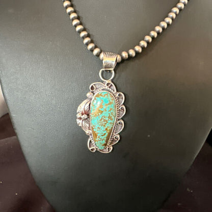 Navajo Blue Turquoise #8 Pendant | Sterling Silver Pearls Necklace | Authentic Native American Handmade | 15899