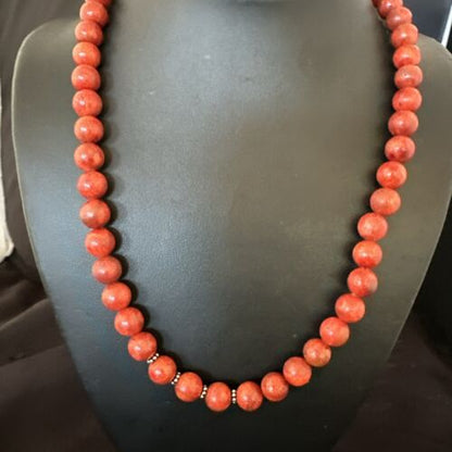 Navajo Apple Sponge Coral Bead Necklace | 10mm | Sterling Silver | 21" | Authentic Native American Handmade | 16817