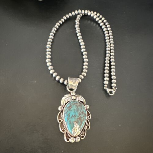 Navajo Blue Turquoise Pendant Necklace | Sterling Silver Pearls | Authentic Native American Handmade | 15643
