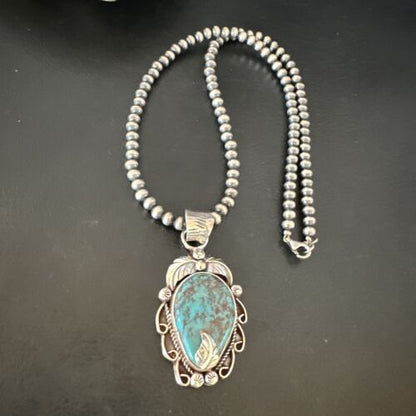 Navajo Blue Turquoise Pendant Necklace | Sterling Silver Pearls | Authentic Native American Handmade | 15643