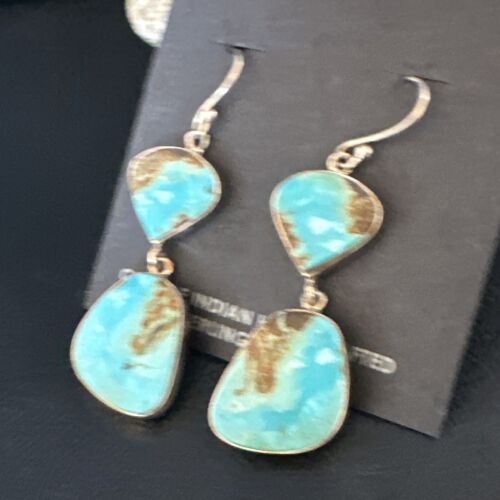 Navajo Blue Kingman Turquoise Dangle Earrings | Sterling Silver | Authentic Native American Handmade | 15113