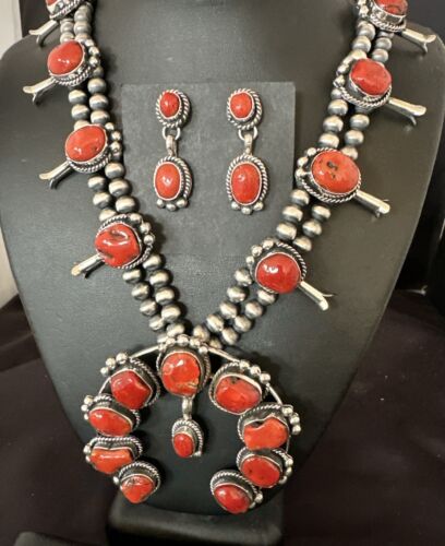 Red Coral Naja Pendant | Sterling Silver Squash Blossom Necklace & Earrings | Native American | 17048