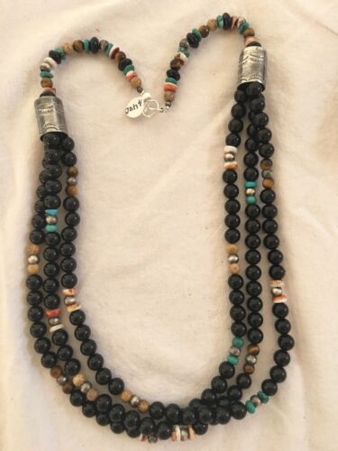 3-Strand Turquoise & Black Onyx Necklace | Navajo Sterling Silver | Authentic Native American Handmade | 320