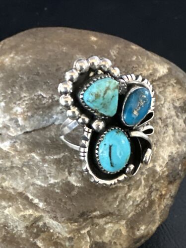 Navajo Blue Turquoise Cluster Ring | Authentic Native American Sterling Silver | Multi-Stone | Sz 8.5 | 14837