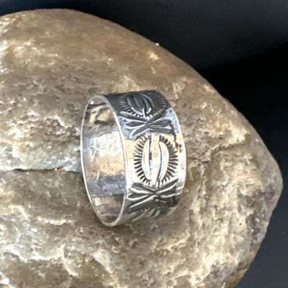 Men's Wide Band Navajo Stamped Ring | Sterling Silver | Sz 11.5 | Authentic Native American Handmade | 16770