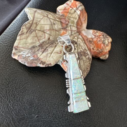 Navajo White Opal Inlay Pendant Necklace | Sterling Silver | Authentic Native American Handmade | Sf 15680 - Masha USA