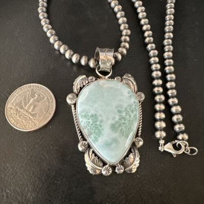 Navajo Blue Larimar Pendant Necklace | Sterling Silver Beads | Authentic Native American Handmade | 15222