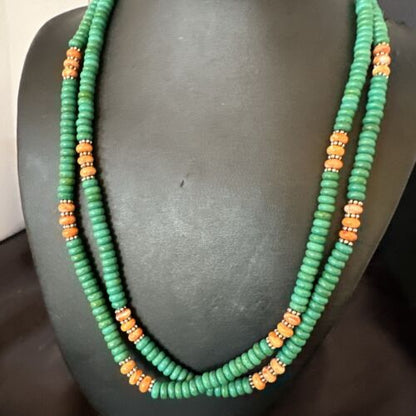 Navajo Green Turquoise Spiny Oyster Necklace | Sterling Silver | 21" | Authentic Native American Handmade | 10123