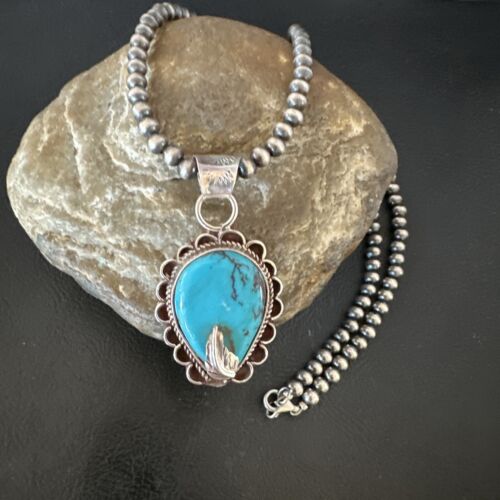 Navajo Blue Turquoise Pendant Necklace | Sterling Silver Pearls | Authentic Native American Handmade | 15651