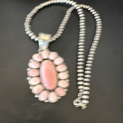 Navajo Pearls Pink Conch Necklace with Multi-Stone Cluster Pendant | Authentic Native American Handmade | 16062