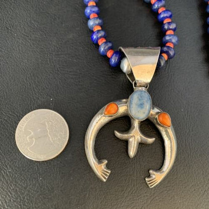 Navajo Blue Lapis Spiny Oyster Naja Pendant Necklace | Sterling Silver | Authentic Native American Handmade | 13708