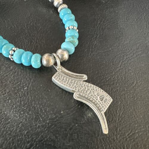Navajo Blue Turquoise Pendant Necklace | Sterling Silver with Pearls | Authentic Native American Handmade | 15376