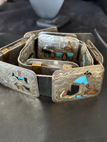 Ultra Rare Zuni Sun Face Inlay Belt | Turquoise Onyx | Sterling Silver | 40" | 17406