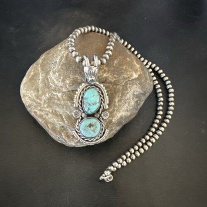 Navajo Blue Kingman Turquoise 2 Stone Cluster Pendant | Sterling Silver | Authentic Native American Handmade | 17634